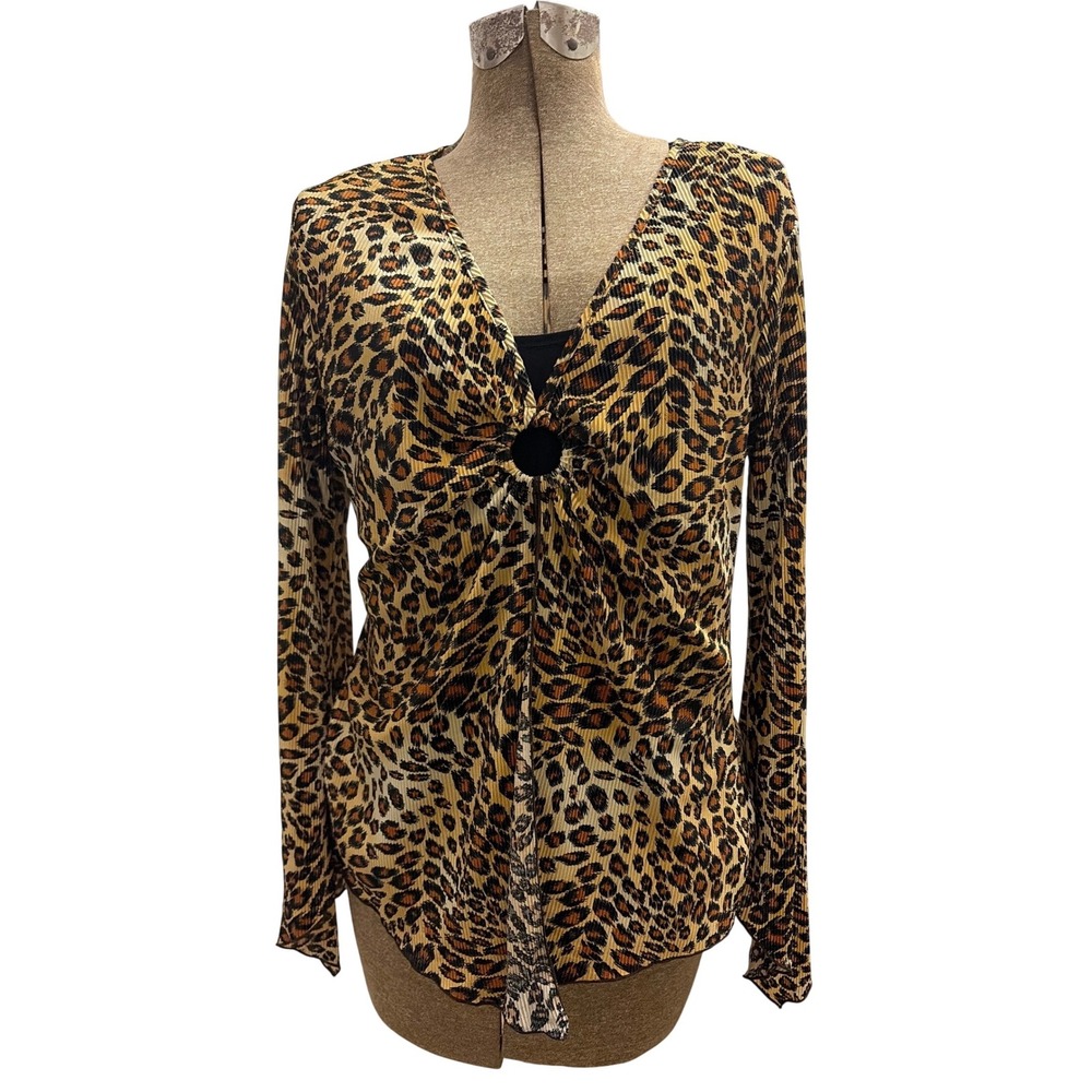 Top Leopard Indie Sleaze Brittany Black Womens Large Brown Pleated O-Ring Blouse